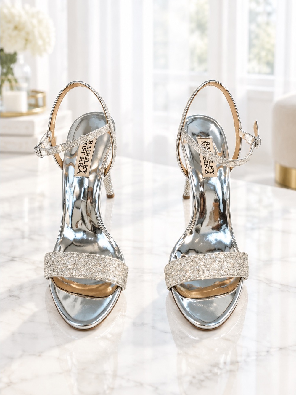Badgley Mischka Sparkling Silver Glitter Strap Heels